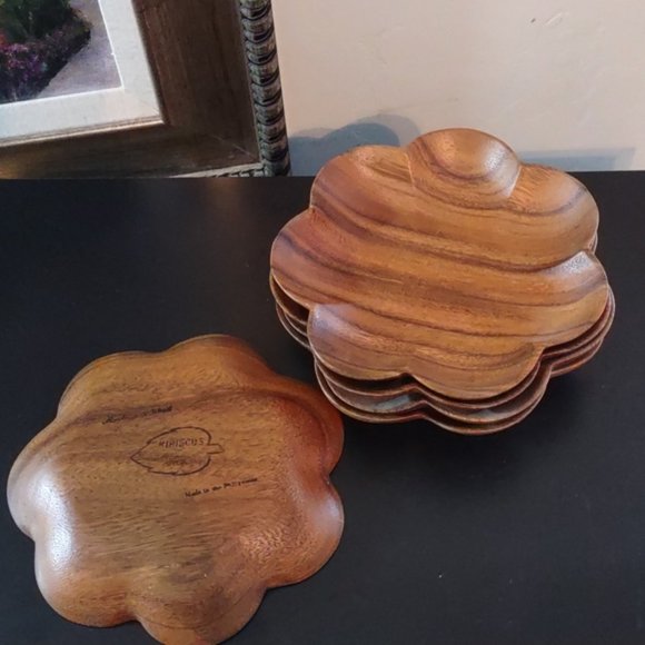 Vintage Monkey Pod Wood 5pc Small Scalloped Bowls by Hibiscus - Picture 3 of 6